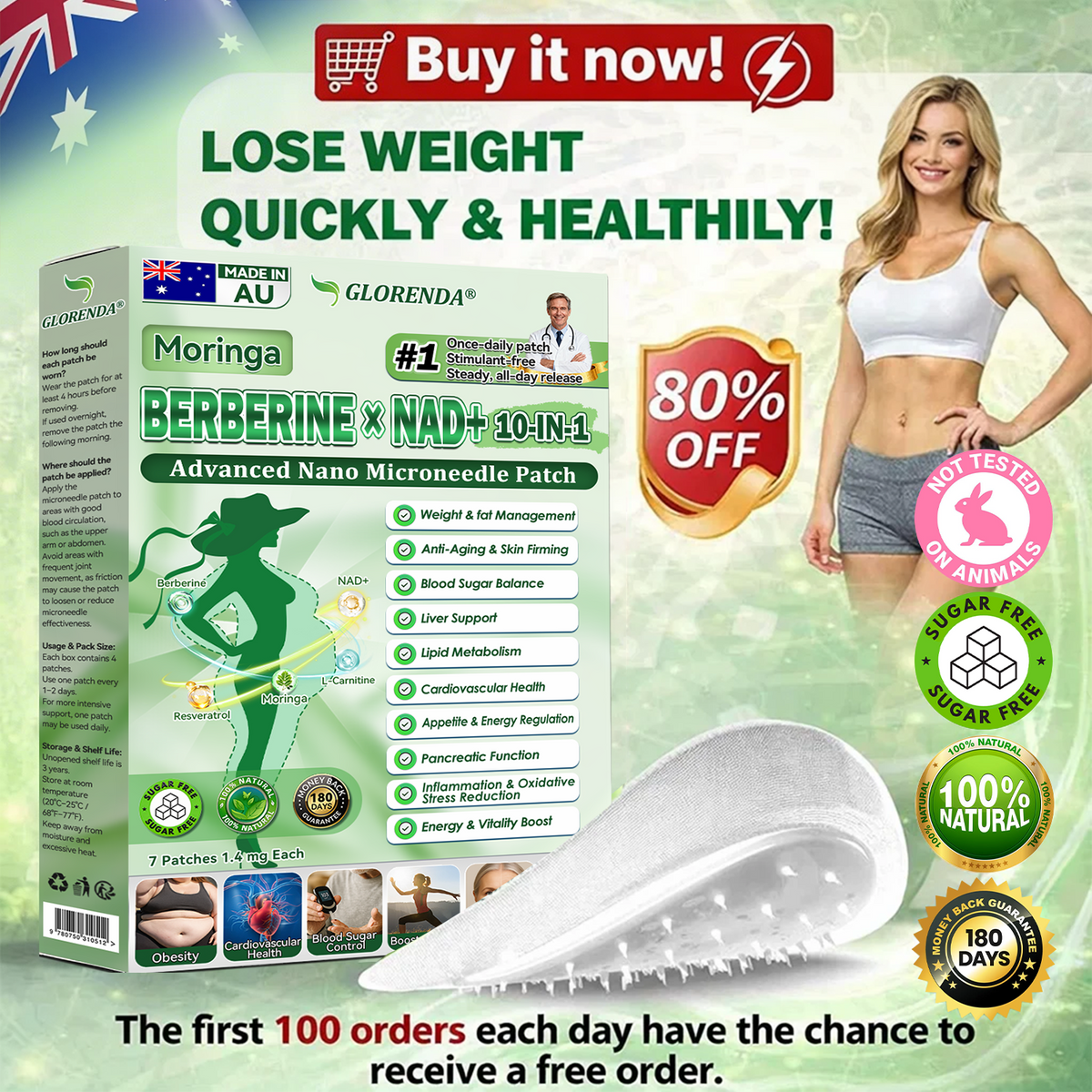 Official Store | 🍁 GLORENDA® Moringa · Berberine × NAD+ 10-in-1 Advanced Nano Microneedle Patch 🇦🇺 (Just once a day, visible changes in 7 days) ✅ For obesity, loose skin, diabetes, sleep apnea, joint issues, and more